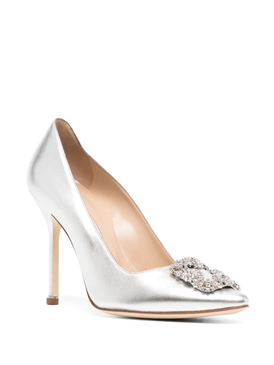Shop Manolo Blahnik Hangisi 105mm Leather Pumps In Silver