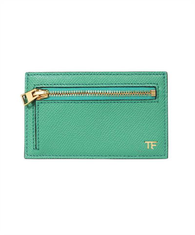 Shop Tom Ford Small Grain Calf Zip Card Holder In Green