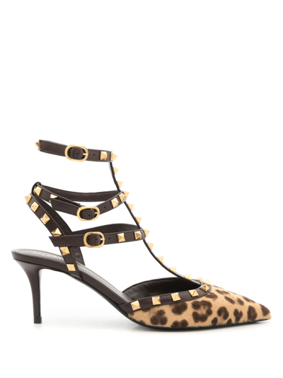 Shop Valentino Rockstud Caged Leather Pumps In Brown