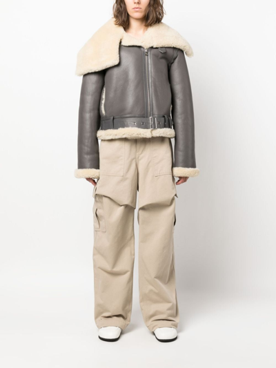 Shop Jw Anderson Jacke Fleece-collar Leather Coat In Grey