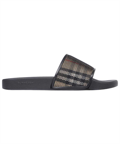 Shop Burberry Check Cotton And Mesh Slides In Beige
