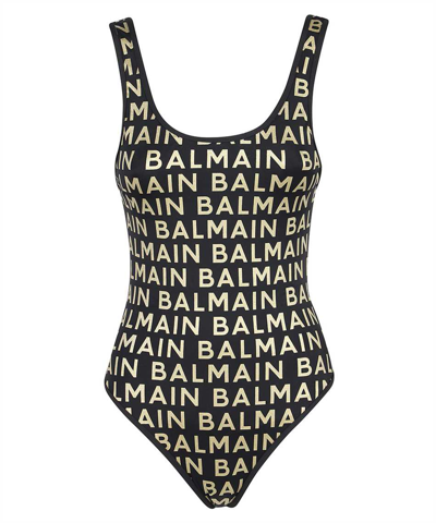 Shop Balmain Metallic Threaded Logo Swimsuit In Black