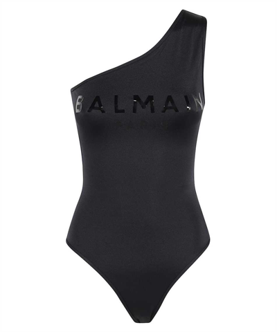 Shop Balmain Logo Printed One Shoulder Swimsuit In Black