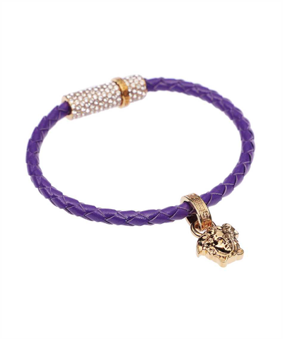 Shop Versace Braided Leather Bracelet In Purple