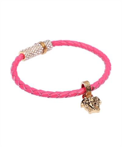 Shop Versace Braided Leather Bracelet In Pink