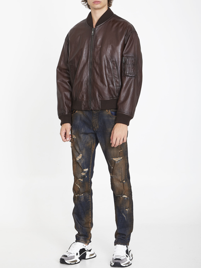 Shop Dolce & Gabbana Brown Leather Bomber Jacket