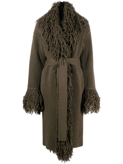 Shop Blumarine Green Fringed Wool Coat