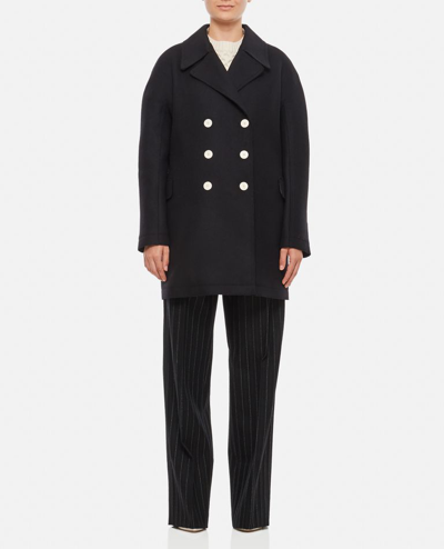 Shop Lanvin Double Breasted Caban Wool Coat In Black