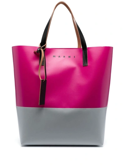 Shop Marni North South Open Tote Bag In Color-blocked With Printed Logo Bags In Metallic