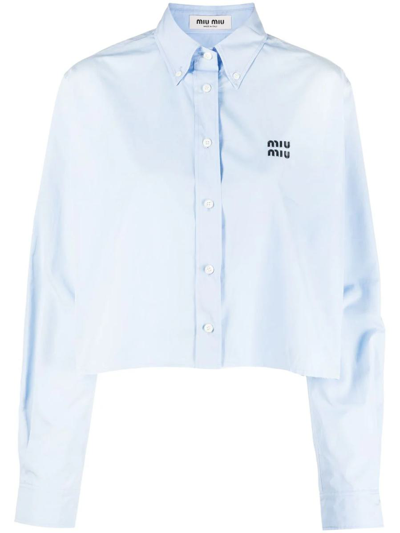 Shop Miu Miu Logo-embroidered Cropped Button-down Shirt In Clielo