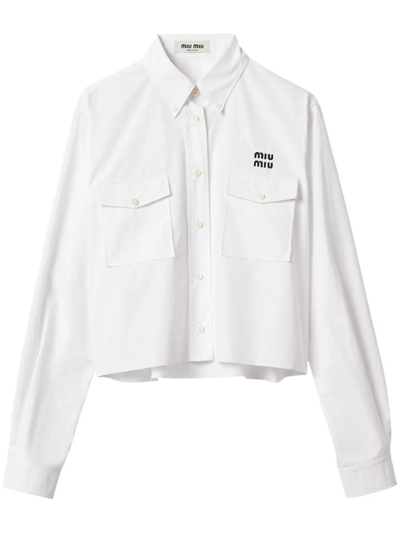 Shop Miu Miu Logo-embroidered Cropped Poplin Shirt In Bianco