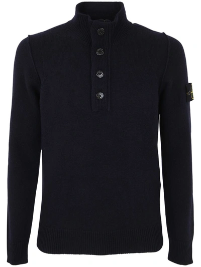 Stone Island High Collar Pullover With Buttoned Placket And Logo Patch In Blue