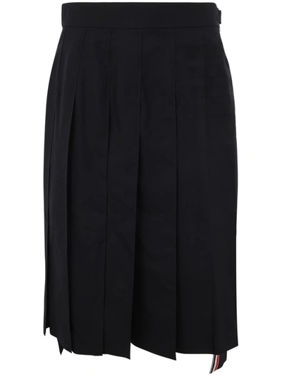 Shop Thom Browne Below Knee Dropped Back Pleated Skirt In Engineered 4 Bar Plain Weave Suiting Clothing In Blue