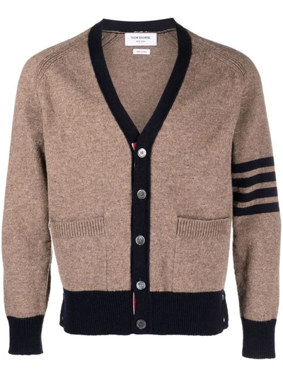 Shop Thom Browne Jersey Stitch Raglan Sleeve Relaxed V Neck Cardigan In Shetland Wool With 4 Bar Stripe C