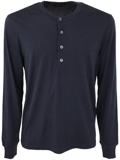 Shop Tom Ford Cut And Sewn Henley Knitted Sweater Clothing In Blue