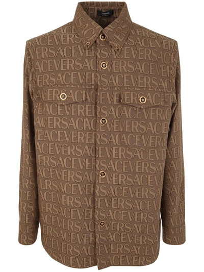 Shop Versace Blouson Techno Canvas Fabric Allover Outline Clothing In Brown