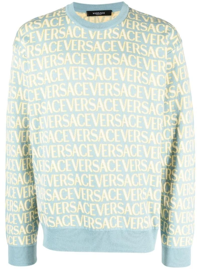 Shop Versace Knit Sweater Allover Series Clothing In Blue