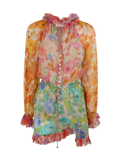 Shop Zimmermann Raie Long Sleeve Playsuit Clothing In Multicolour