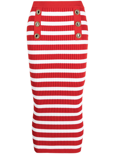 Shop Balmain Striped Ribbed-knit Midi Skirt In Red