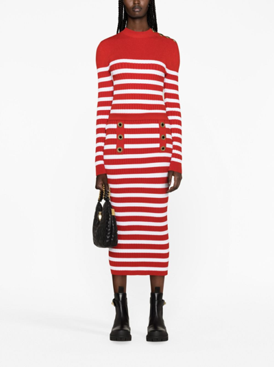 Shop Balmain Striped Ribbed-knit Midi Skirt In Red