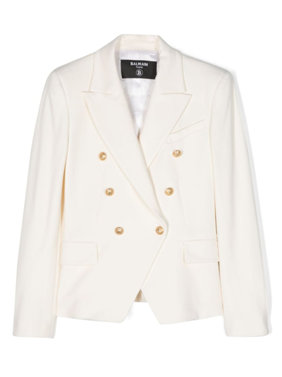 Shop Balmain Embossed-button Double-breasted Blazer In Neutrals