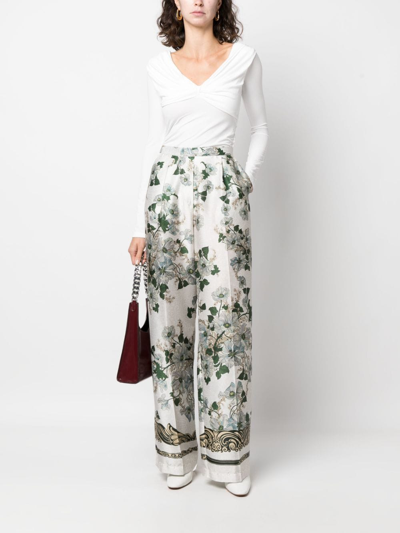 Shop Semicouture Floral-print High-waisted Palazzo Pants In White