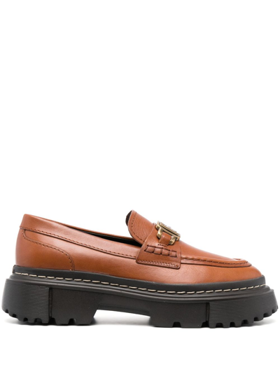 Shop Hogan H619 Leather Loafers In Brown