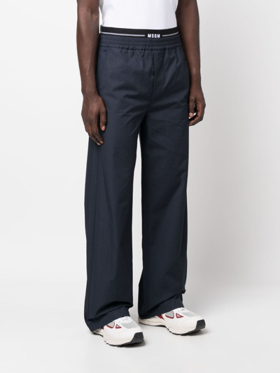 Shop Msgm Logo-waistband Straight-leg Trousers In Blue