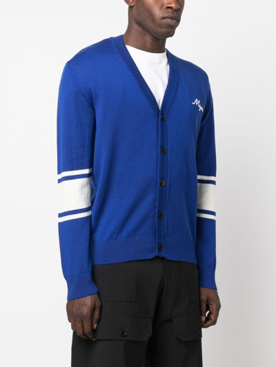 Shop Msgm Logo-embroidered Fine-knit Cardigan In Blue