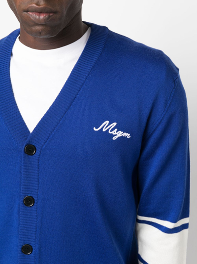 Shop Msgm Logo-embroidered Fine-knit Cardigan In Blue