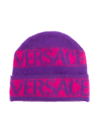 Shop Versace Logo-print Brushed-effect Beanie In Pink