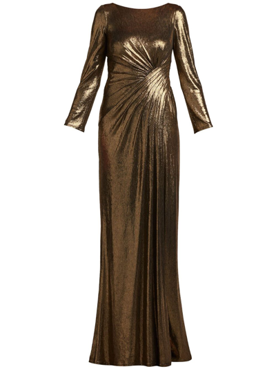 Shop Tadashi Shoji Metallic-effect Long-sleeve Gown In Gold