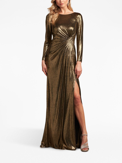 Shop Tadashi Shoji Metallic-effect Long-sleeve Gown In Gold