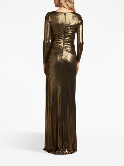 Shop Tadashi Shoji Metallic-effect Long-sleeve Gown In Gold