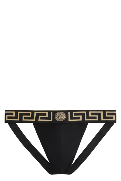 Shop Versace Cotton Jockstrap With Greca Elastic Band In Black