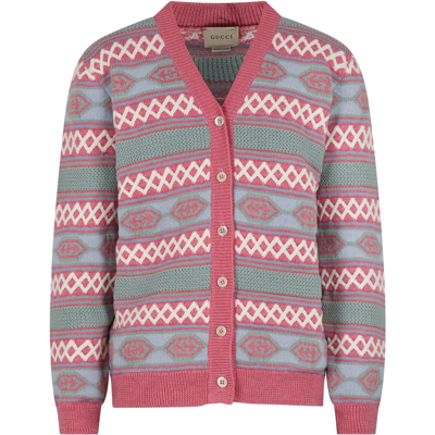 Shop Gucci Pink Cardigan For Girl With Double G In Multicolor