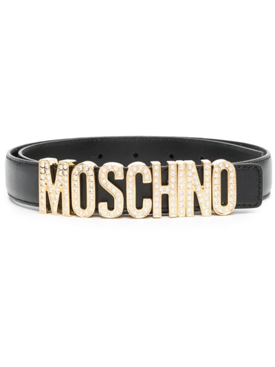 Shop Moschino Black Crystal-embellished Leather Belt