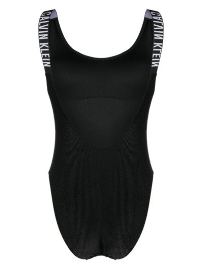 Shop Calvin Klein Logo-tape Ribbed Swimsuit In Black