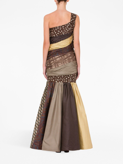 Shop Moschino Patchwork-design One-shoulder Dress In Brown