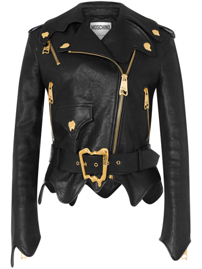 Shop Moschino Zip-up Leather Biker Jacket In Black