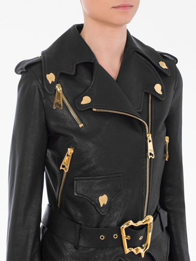 Shop Moschino Zip-up Leather Biker Jacket In Black