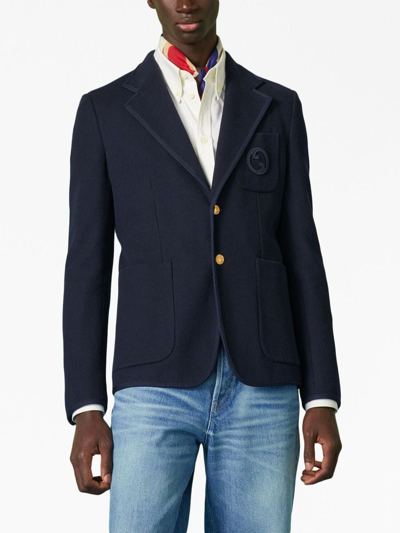 Shop Gucci Interlocking G-patch Cotton Blazer In Blue