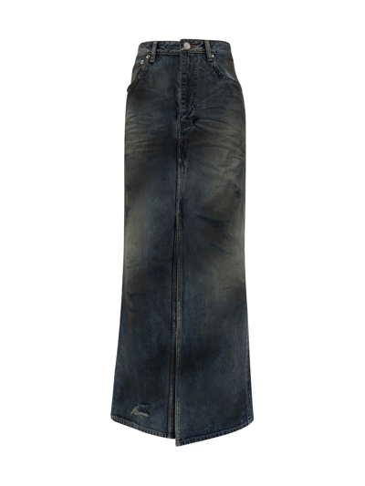 Shop Balenciaga Denim Maxi Skirt In Dirty Pale Blue