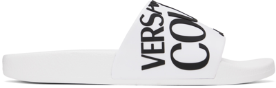 Shop Versace Jeans Couture White Logo Slides In E003 White