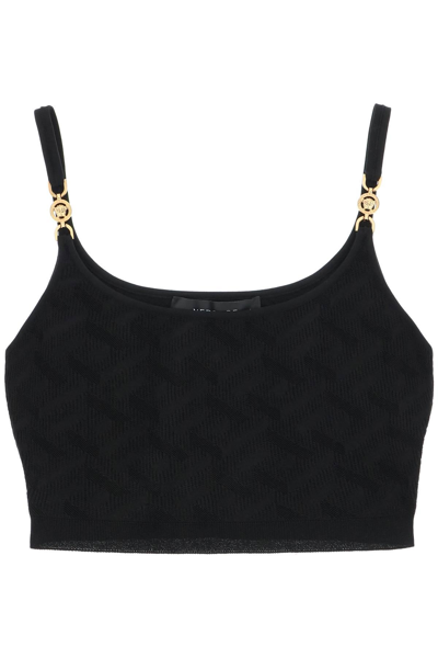 Shop Versace 'la Greca' Knitted Cropped Top In Black