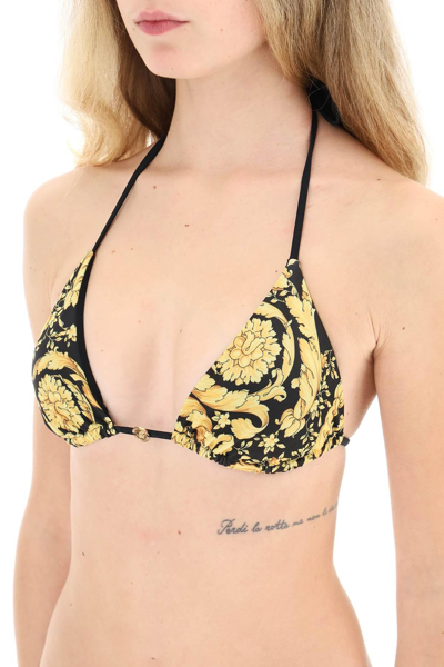 Shop Versace Barocco Triangle Bikini Top In Yellow,black,gold