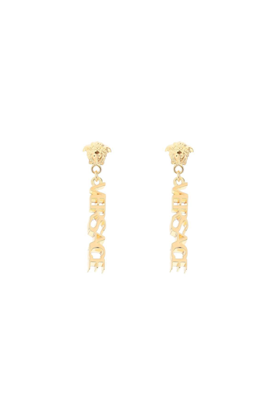 Shop Versace Logo Pendant Earrings In Gold