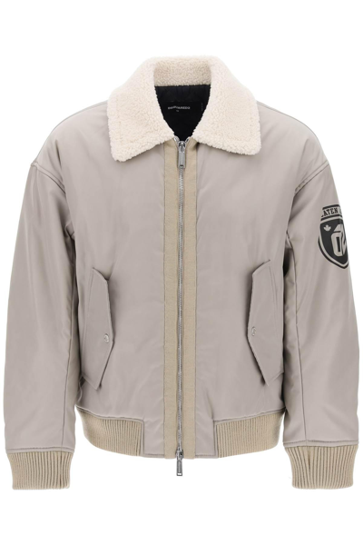 Shop Dsquared2 Padded Bomber Jacket With Collar In Lamb Fur In Grey