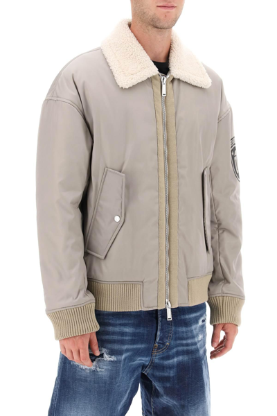 Shop Dsquared2 Padded Bomber Jacket With Collar In Lamb Fur In Grey