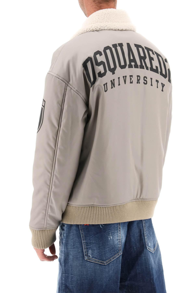 Shop Dsquared2 Padded Bomber Jacket With Collar In Lamb Fur In Grey